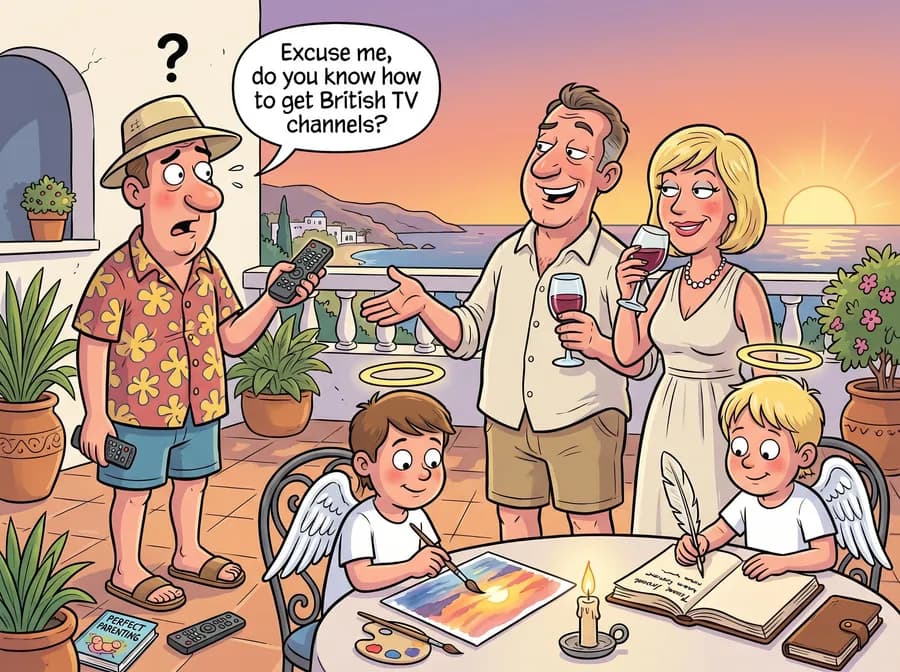 A satirical family refusing British television on holiday while acting painfully wholesome.
