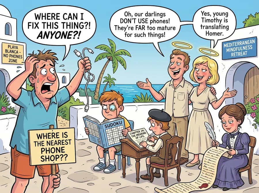 A deadpan cartoon of a broken phone charger and a ridiculously wholesome holiday family.