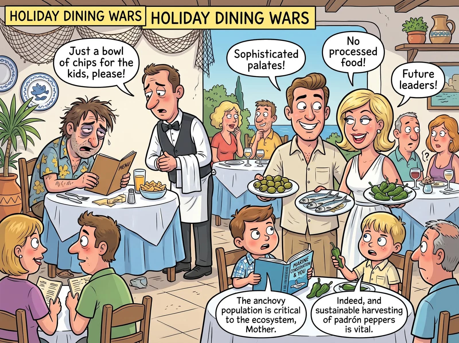 Children rejecting chips in favour of Mediterranean delicacies in a satirical cartoon.