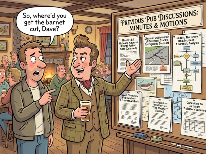 A pub conversation absurdly redirected to previous pub discussions.