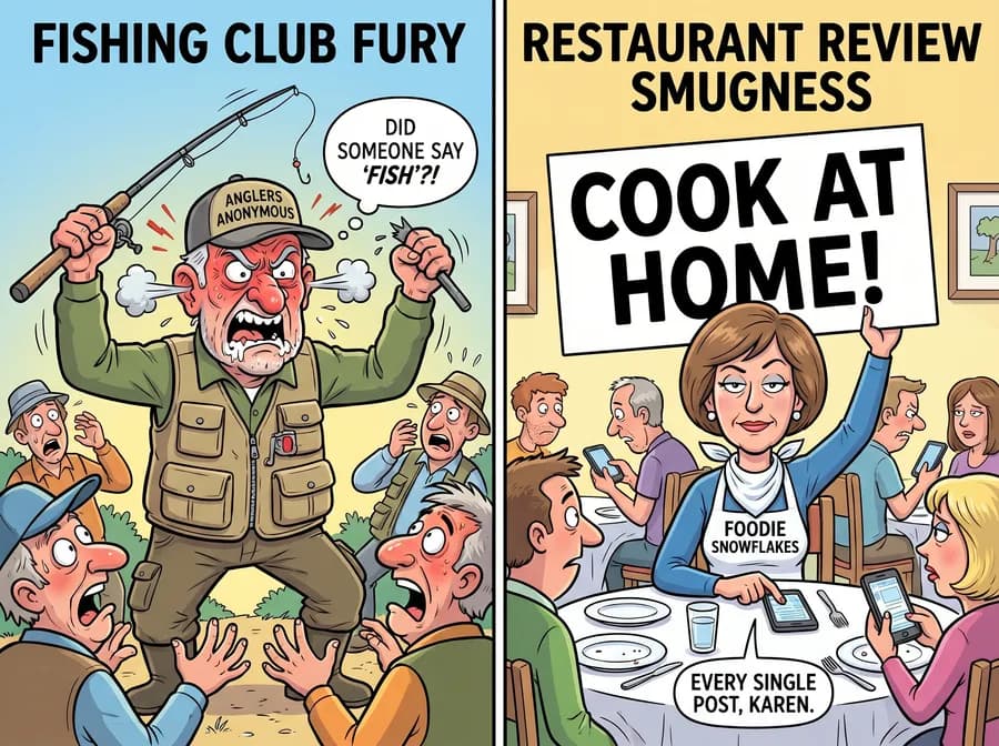 A fishing club and restaurant review group reacting absurdly to their own topics.