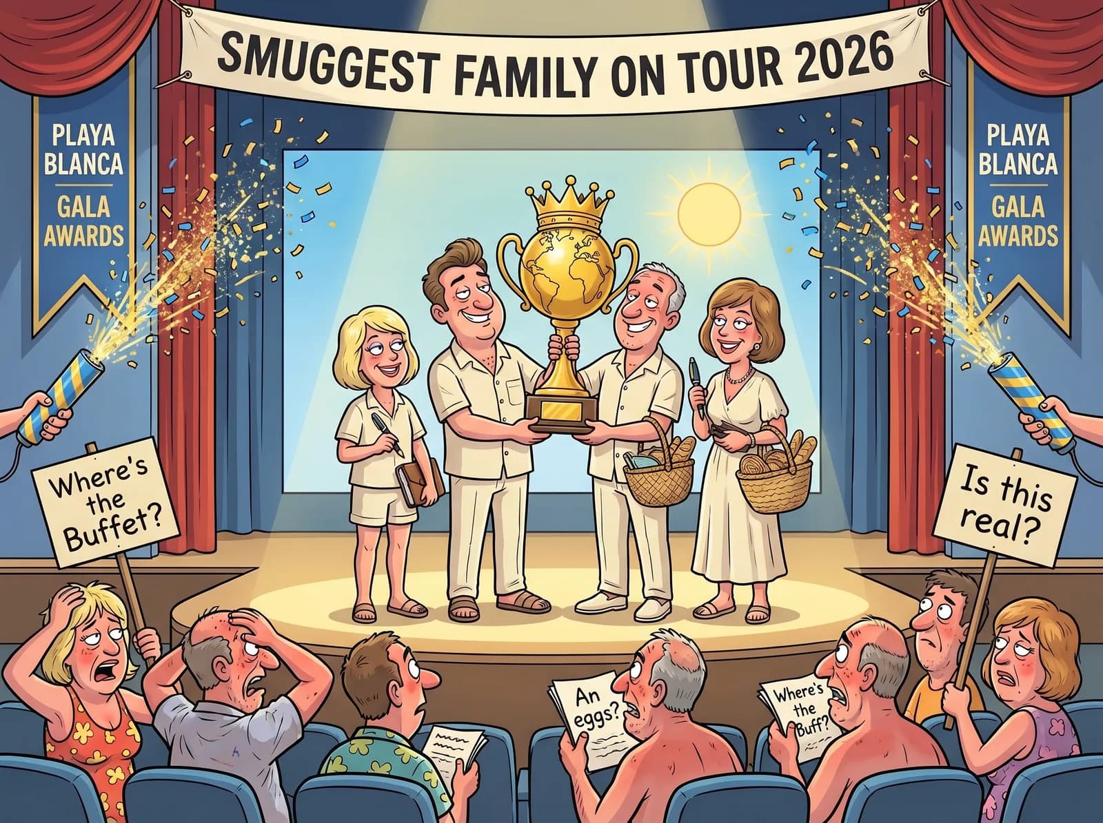 Smuggest Family on Tour 2026 satirical award illustration.